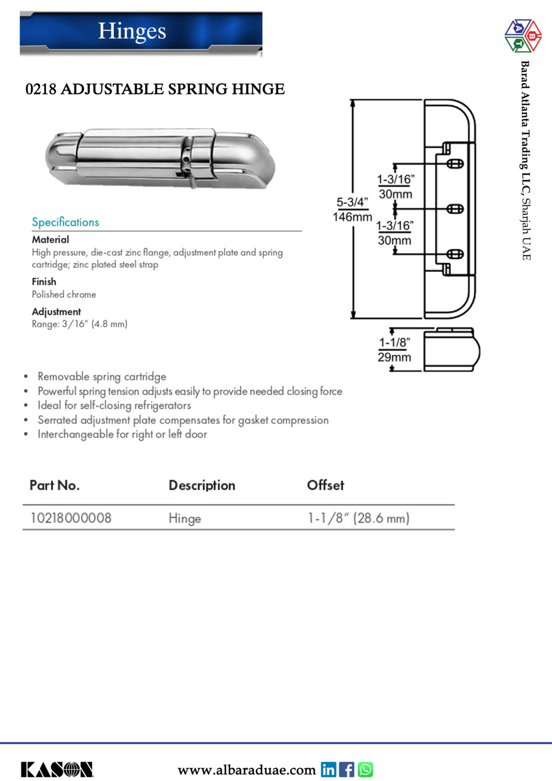 KASON 0218 Adjustable Spring Hinge - Barad Atlanta
