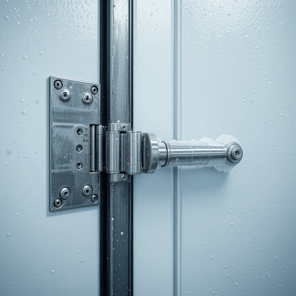 Cold room hinges made of stainless steel installed on an insulated cold storage door in a UAE facility.